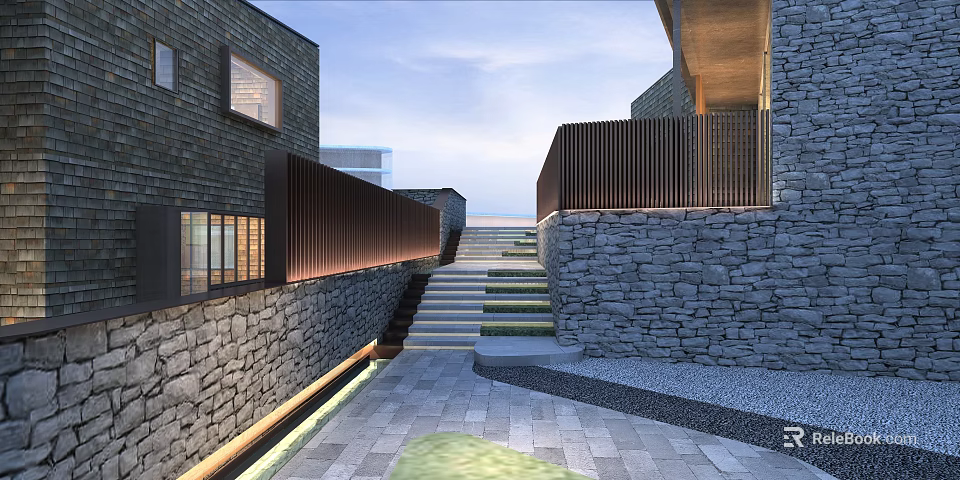 Modern Hotel Building Featuring Stone Walls Stairs Wooden Railings And Outdoor Pathway 3d model 