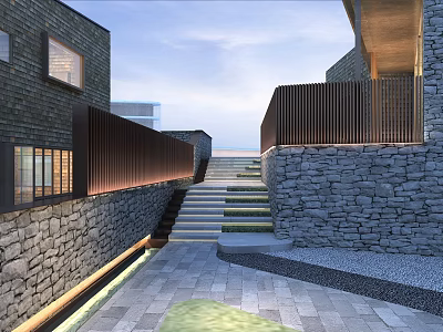 Modern Hotel Building Featuring Stone Walls Stairs Wooden Railings And Outdoor Pathway 3d model