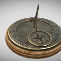 Brass Sundial With Roman Numeral Markings And Small Compass On Wooden Base