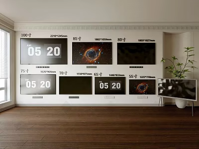 Multiple Samsung Televisions with Time Display and Black Hole Image on Wall 3d model