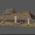 Traditional Building With Multiple Wooden Roofs Under Construction Scaffolding And Flags 3d model
