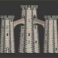 Ancient Medieval Castle Architecture With Stone Brick Towers And Arch Bridge Exterior Design