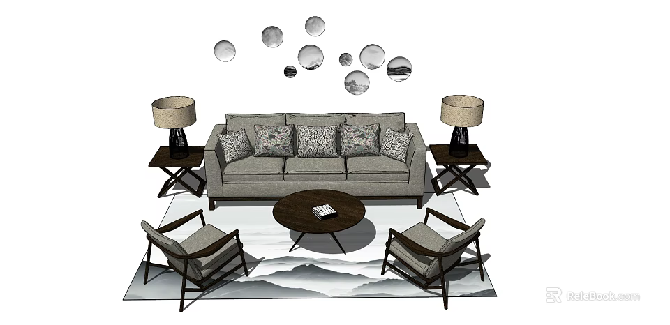 Modern Sofa and Coffee Table Combination With Armchairs Table Lamps And Circular Wall Decor 3d model