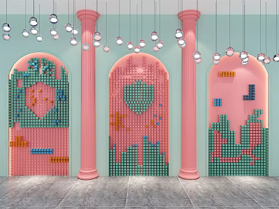 Pink And Green Arched Background Wall With Decorative Patterns And Hanging Lights 3d model