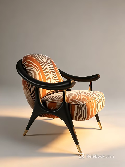 Modern Leisure Chair Featuring Orange White Zebra Pattern Black Armrests And Gold Legs 3d model 