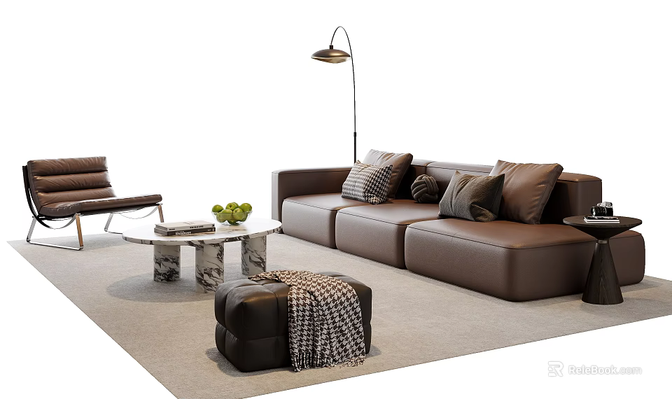 Brown Leather Sofa and Coffee Table Set with Decorative Pillows Marble Top and Green Plants 3d model 