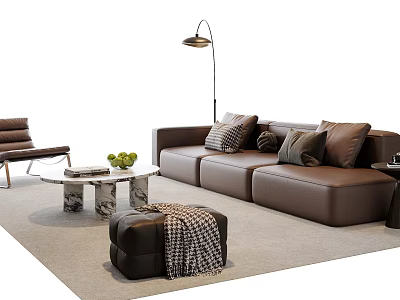 Brown Leather Sofa and Coffee Table Set with Decorative Pillows Marble Top and Green Plants 3d model