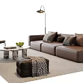 Brown Leather Sofa and Coffee Table Set with Decorative Pillows Marble Top and Green Plants