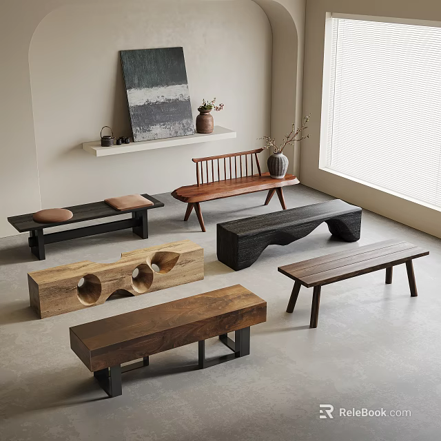 Stylish Public Chairs With Various Wooden Designs And Modern Shapes For Outdoor Areas 3d model 