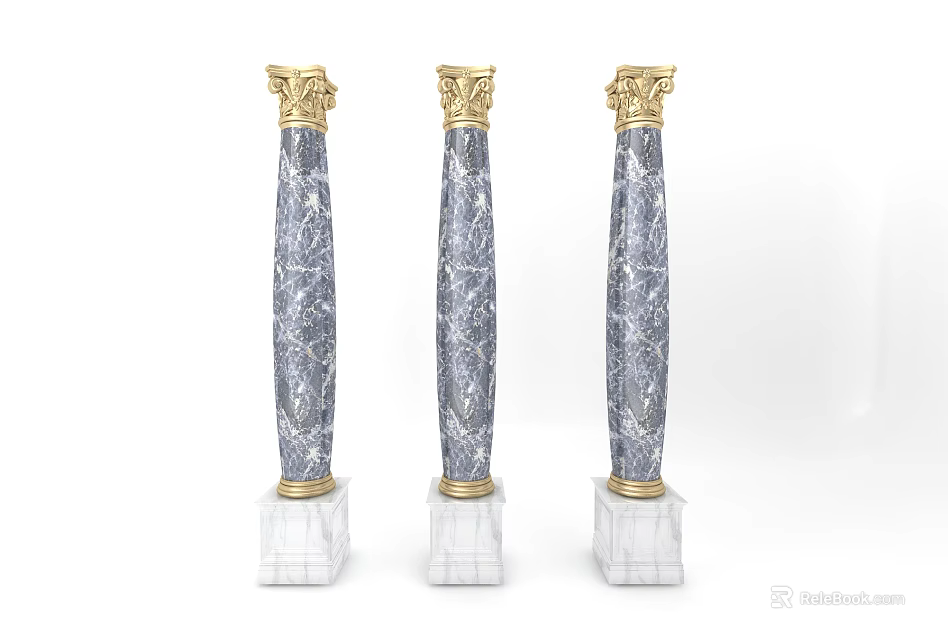 Three Patterned Marble Roman Columns With Golden Capitals And White Pedestals 3d model 