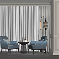 Modern Blue Leisure Sofa Combination With Comfortable Armchairs Coffee Table Floor Lamp And Window Curtains
