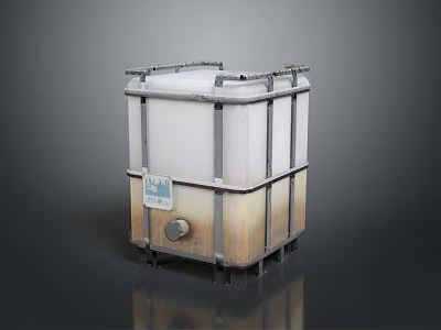 Industrial Storage Container With Metal Frame White Brown Body Label Valve And Support Legs 3d model