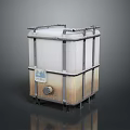 Industrial Storage Container With Metal Frame White Brown Body Label Valve And Support Legs