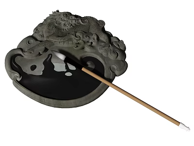 Classic Chinese Inkstone Featuring Dragon Carving And Writing Brush With Ink 3d model