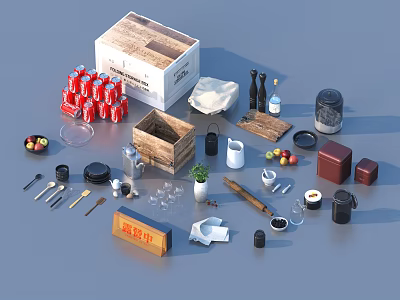 Diverse Assorted Objects With Wooden Crates Canned Drinks Bottles And Utensils 3d model