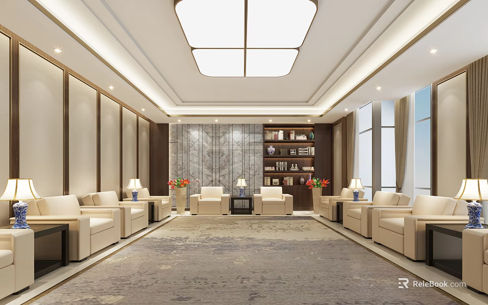 Elegant Hotel Public Lounge Area Interior With Luxurious Sofas Bookshelves And Carpet 3d model 