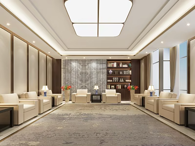 Elegant Hotel Public Lounge Area Interior With Luxurious Sofas Bookshelves And Carpet 3d model