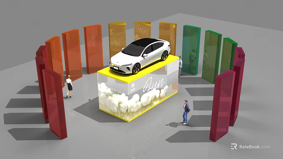 White Car Display On Yellow Platform With Colorful Panels And Cloud Decorations 3d model 