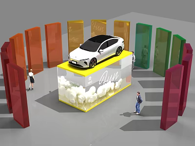 White Car Display On Yellow Platform With Colorful Panels And Cloud Decorations 3d model