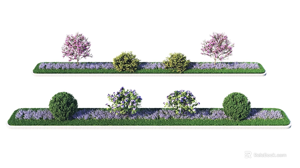 Neatly Arranged Garden Landscape With Pink Flowering Trees Green Shrubs And Purple Flowers 3d model 