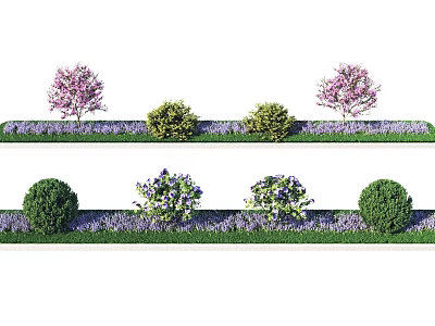 Neatly Arranged Garden Landscape With Pink Flowering Trees Green Shrubs And Purple Flowers 3d model
