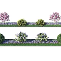 Neatly Arranged Garden Landscape With Pink Flowering Trees Green Shrubs And Purple Flowers