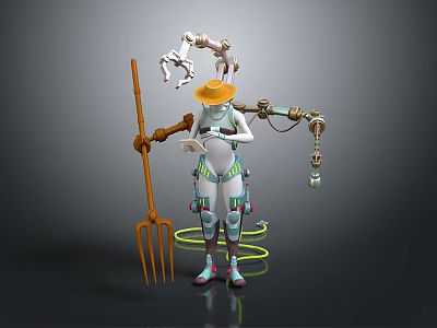 Robot With Yellow Hat And Mechanical Creature Equipped With Mechanical Arms Holding Pitchfork 3d model
