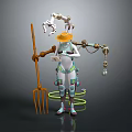 Robot With Yellow Hat And Mechanical Creature Equipped With Mechanical Arms Holding Pitchfork