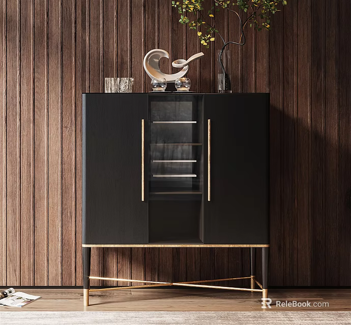 Black Entryway Side Cabinet With Glass Doors Gold Accents And Decorative Items On Wooden Wall 3d model 