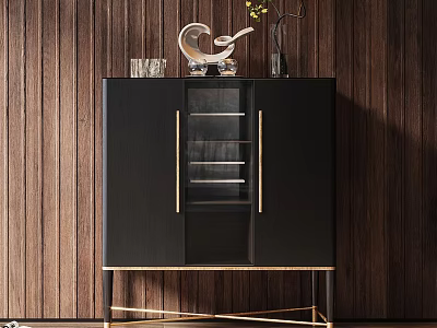 Black Entryway Side Cabinet With Glass Doors Gold Accents And Decorative Items On Wooden Wall 3d model