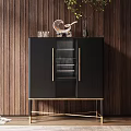 Black Entryway Side Cabinet With Glass Doors Gold Accents And Decorative Items On Wooden Wall