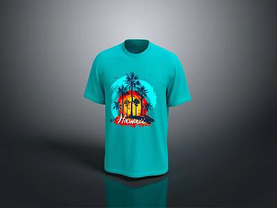 Turquoise Casual T Shirt With Hawaii Print Palm Trees And Sunset Design 3d model