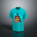 Turquoise Casual T Shirt With Hawaii Print Palm Trees And Sunset Design