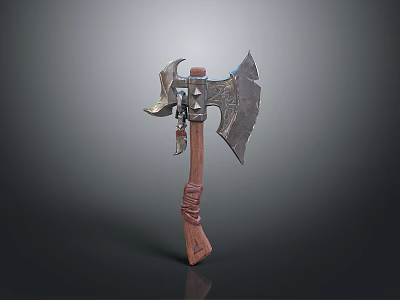 Medieval Battle Axe with Metal Blade Wooden Handle and Ornate Decorative Metal Parts 3d model