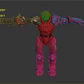 Red Robot Game Movie Character With Mechanical Arms Armor And Glowing Blue Lights