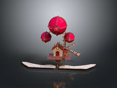 Decorative Model Featuring Red Balloons Windmill And Small House On White Base 3d model