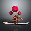 Decorative Model Featuring Red Balloons Windmill And Small House On White Base
