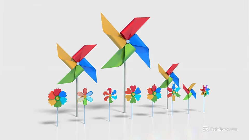 Colorful Commercial Decorative Pinwheels And Flower Shaped Ornaments In Various Sizes On Poles 3d model 