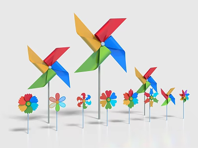Colorful Commercial Decorative Pinwheels And Flower Shaped Ornaments In Various Sizes On Poles 3d model