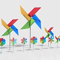 Colorful Commercial Decorative Pinwheels And Flower Shaped Ornaments In Various Sizes On Poles