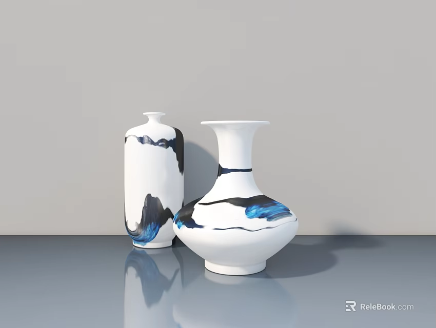 White Vases With Black And Blue Floral Patterns On Gray Table Against Light Gray Background 3d model 