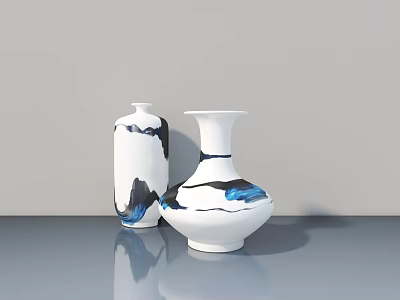White Vases With Black And Blue Floral Patterns On Gray Table Against Light Gray Background 3d model