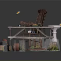 Rustic Outdoor Picnic Area With Wooden Table Chair Bird Bath Flower Pots And Bird Houses