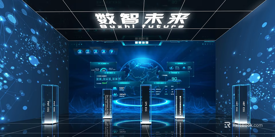 Digital Intelligent Future Technology Exhibition Scene With Globe Data Interfaces And Light Pillars 3d model 