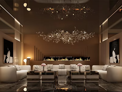 Elegant Modern KTV Lounge Interior With Crystal Chandelier And Leather Sofas 3d model