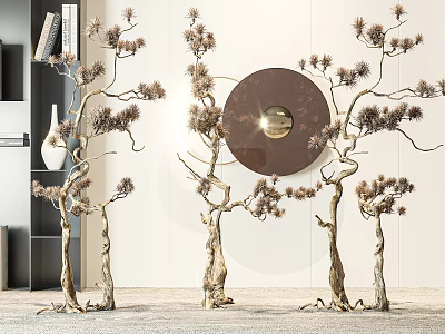Unique Shaped Bonsai Trees With Decorative Branches Near Light Colored Wall Circular Decor And Bookcase 3d model