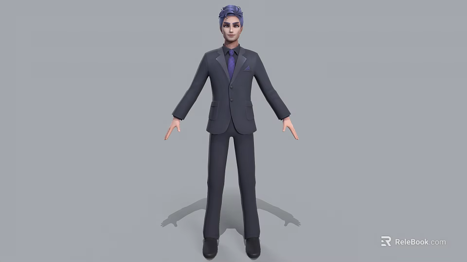 3D Model Man Wearing Suit with Blue Hair and Purple Tie Standing Against Gray Background 3d model 