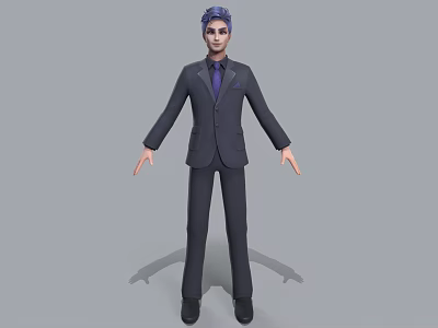 3D Model Man Wearing Suit with Blue Hair and Purple Tie Standing Against Gray Background 3d model