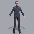 3D Model Man Wearing Suit with Blue Hair and Purple Tie Standing Against Gray Background