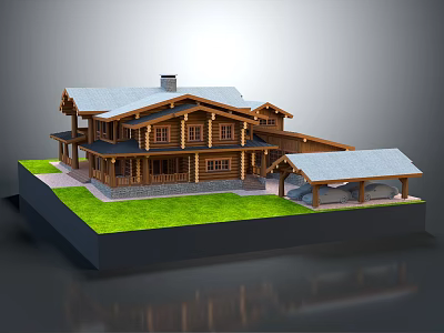 Two Story Wooden House With Sloped Roof Green Lawn And Covered Porch 3d model